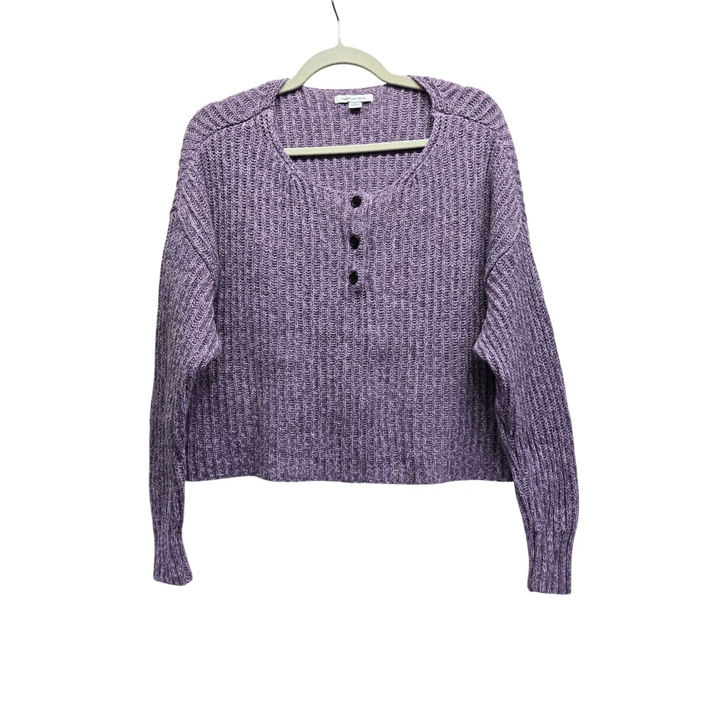 American Eagle Womens‎ Purple Marl Henley Sweater Shaker Stitch Crop Medium 90s
